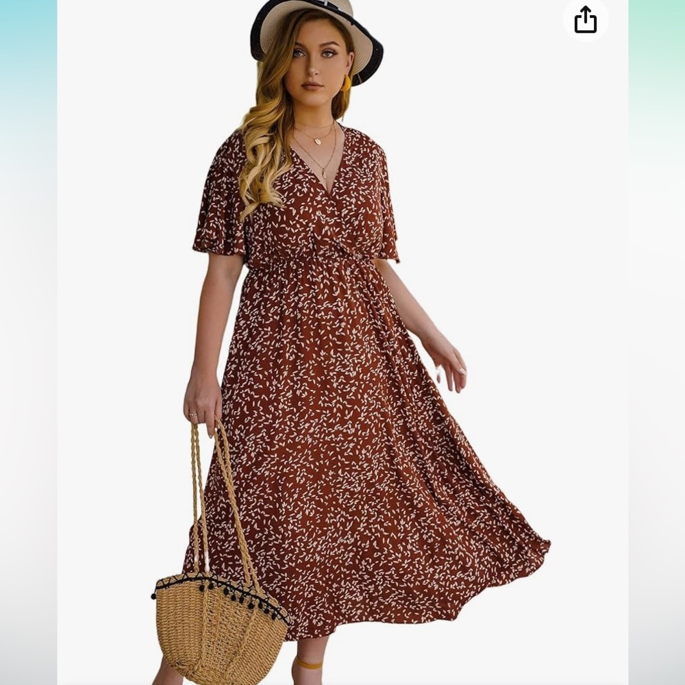 Floerns Women's Plus Size Boho Floral V Neck Short Sleeve A Line Long Dress